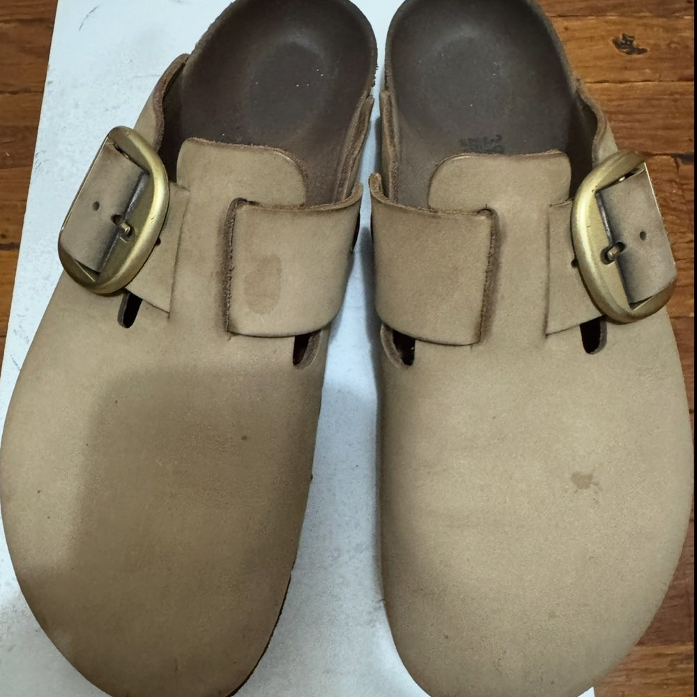 Birkenstock Tan Suede Clogs with Gold Buckles